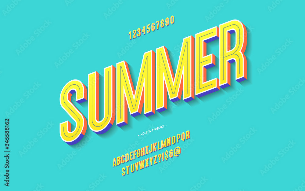 Vector fun summer font 3d bold color style modern typography for decoration, logo, poster, t shirt, book, card, sale banner, printing on fabric, industrial. Cool typeface. Trendy alphabet. 10 eps - obrazy, fototapety, plakaty 