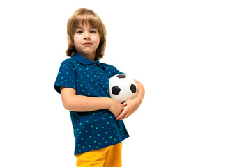 sport boy holds a soccer ball in his hands on a white background