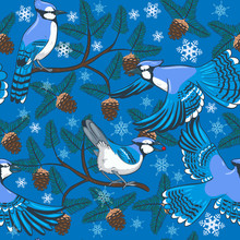 Winter Seamless Pattern With Blue Jays And Fir Branches. Festive Christmas Print In Blue Tones. Vector Graphics.