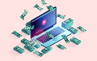 Poster - Video creator money - laptop computer with dollar money in stacks, and flying in air. Vlog, video content, influencer income and make money online concept. Vector illustration.