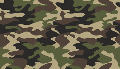 Camouflage pattern background vector. Classic clothing style masking camo repeat print. Virtual background for online conferences, online transmissions. Green brown black olive colors forest texture