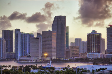 Sticker - Downtown Miami at night. Amazing city skyline from cruise ship at dusk