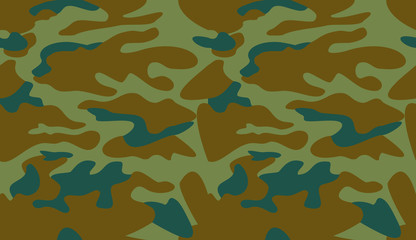 Wall Mural - Camouflage pattern background vector. Classic clothing style masking camo repeat print. Virtual background for online conferences, online transmissions. Green khaki olive blue colors forest texture