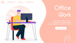 Vector banner illustration of comfortable workplace at office