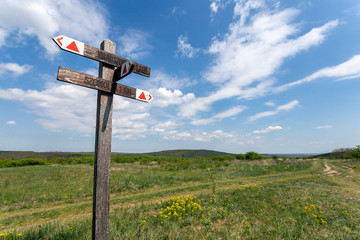 Wood signpost in the Bukk mountains near Szomolya, Hungary