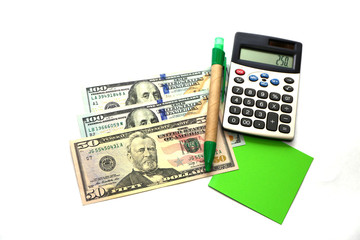 American dollars, pen, note paper and calculator on white background.