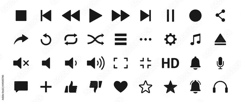 Set of Media player icons. Music, interface, design media player buttons collection. Vector Illustration. - obrazy, fototapety, plakaty 