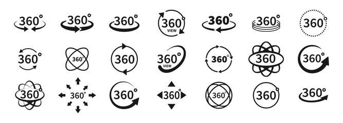 360 degree views of vector circle icons set isolated from the background. Signs with arrows to indicate the rotation or panoramas to 360 degrees. Vector illustration.