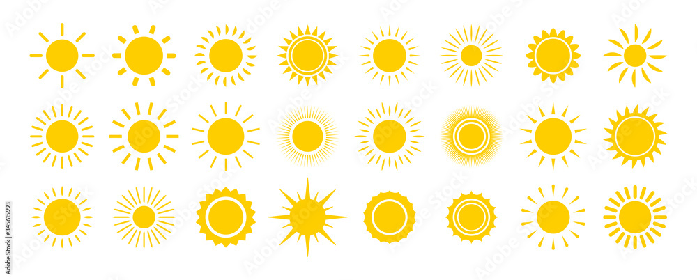 Sun icon set. Yellow sun star icons collection. Summer, sunlight, nature, sky. Vector illustration isolated on white background. - obrazy, fototapety, plakaty 