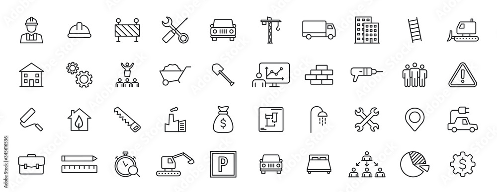 Set of 40 Construction web icons in line style. Building, engineer, business, road, builder, industry. Vector illustration. - obrazy, fototapety, plakaty 