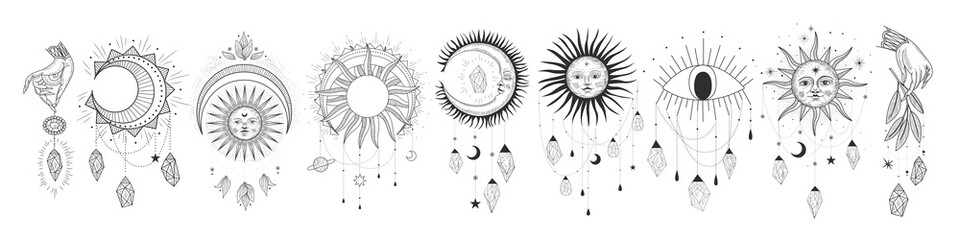 vector illustration set of moon phases. different stages of moonlight activity in vintage engraving 