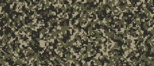Brown, Green And Black Pixel Camouflage. Khaki Digital Camo Background, Military Pattern, Army And Sport Clothing, Urban Fashion. Vector Format. 21:9 Aspect Ratio.