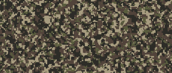 Wall Mural - Brown, green and black Pixel Camouflage. Khaki Digital Camo background, military pattern, army and sport clothing, urban fashion. Vector Format. 21:9 aspect ratio.