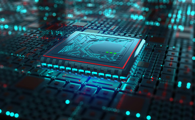 Aufkleber - Futuristic processor, CPU 3D illustration. A quantum computer is a global digital network. Processing and storage of big data in modern cyberspace