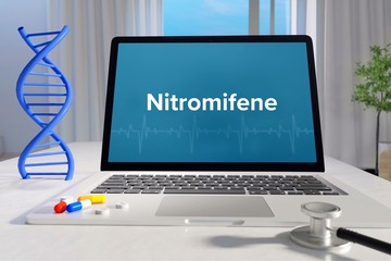 Nitromifene – Medicine/health. Computer in the office with term on the screen. Science/healthcare