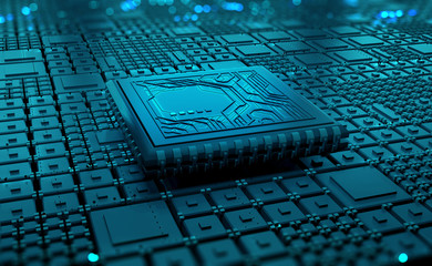 Poster - Futuristic processor, CPU 3D illustration. A quantum computer is a global digital network. Processing and storage of big data in modern cyberspace