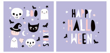 Halloween Hand Drawn Vector Illustration With Cute Pumpkin, Ghosts, Black Cat, Funny Skulls And Bats On A Pastel Violet Background. Kawaii Style Decoration For Halloween Party. Happy Halloween Card.