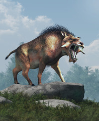 Fototapete - The Entelodon, or hell pig, is an extinct prehistoric pig or boar-like mammal that lived during the Eocene and Miocene, depicted in a landscape. 3D Rendering
