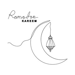 Wall Mural - Continuous line drawing of islamic decoration with lanter, star, and moon. Single line art of ramadan kareem greeting card concept. Vector illustration