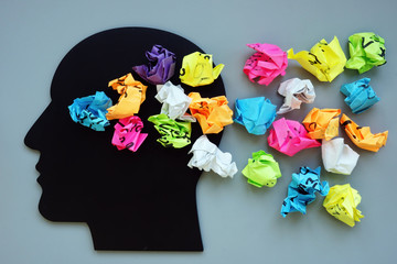 Wall Mural - Thoughts, ideas and mindfulness concept. Head and paper balls.
