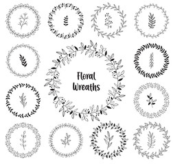 Wall Mural - Set of floral wreaths. Hand drawn flourishing frames. Compositions with decorative flowers, herbs, leaves and branches. Vintage botanical illustrations.