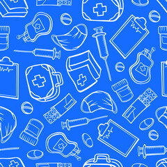 pattern medical equipment objects background icons outline doodle doctor pills first aid seamless wallpaper sketch vector for wrap design and textile print