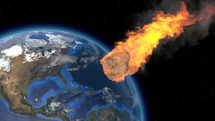asteroid impact on earth. asteroid, comet, meteorite glows, enters the earth's atmosphere. 3d render