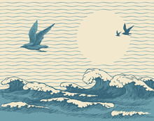 Vector Decorative Seascape In Retro Style With Waves, Seagulls And Sun In The Sky. Hand-drawn Illustration Of The Sea Or Ocean, Waves Of Water With White Ridges Of Sea Foam On The Old Paper Background