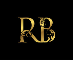 Wall Mural - Elegant Gold RB Letter Floral logo. Vintage drawn emblem for book design, weeding card, brand name, business card, Restaurant, Boutique, Hotel.