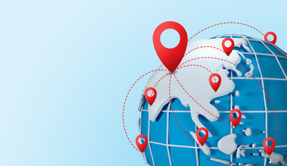 Poster - Global communication network. 3D illustration of planet with points connected by lines on blue background, empty space