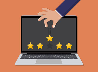 Aufkleber - Laptop with hand throwing a star rating in a flat design. Customer review concept