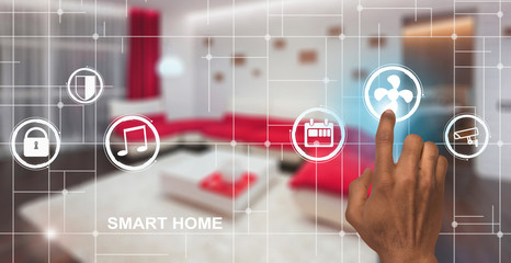 Poster - African American guy using smart home control system, choosing air conditioning button on virtual screen, collage