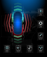 Poster - Futuristic user interface. HUD Abstract virtual graphic touch user interface. Cars infographic. Vector science abstract. Vector illustration. Automatic braking system avoid car crash from car accident