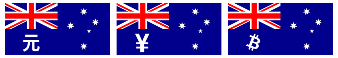 Wall Mural - Flag of Australia, commonwealth star replaced with Renminbi Yuan, Yen, bitcoin sign. Australian trade to China, Japan and cryptocurrency trading concept