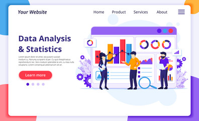 Fototapete - Data Analysis concept, People work in front of a big screen. Auditing, Financial consulting. Modern flat web page design for website and mobile development. Vector illustration