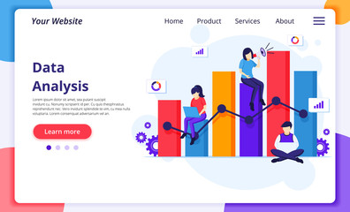 Fototapete - Data Analysis concept, People work near a big graph chart. Modern flat web page design for website and mobile development. Vector illustration