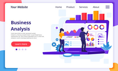 Fototapete - Business Analysis concept, People work in front of a big laptop. Auditing, Financial consulting. Modern flat web page design for website and mobile development. Vector illustration