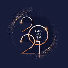Happy New 2021 Year Elegant Gold Text With Light. Minimalistic Text Template.