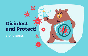 Disinfect, protect, stop virus concept for kids. Washing hands and using hand sanitizers. Cute bear cartoon holds shield and soap to fight and prevent virus. Medical health vector illustration