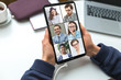 © Oleksandr - Videoconference on the tablet screen. Online chat training. People communicate by video call. Distance learning.