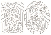 Set Of Contour Illustrations Of Stained Glass Windows With An Abstract Cat And Kitten, Dark Outlines On A White Background