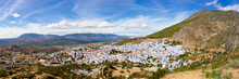 Panoramic View From The Mountains To Chefchaouen Town, Morocco. Medina Of Blue City. Rif Mountains In The North Of Morocco, Africa