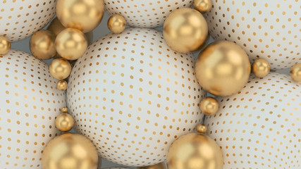 Poster - Abstract background with 3d spheres. Gold and white bubbles. Jewelry cover concept. Horizontal banner. Decor element for design. Volume elements, balls, texture, lines, colorful. 3d illustration