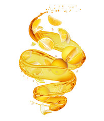 Oranges with splashes of juice in a swirling shape on a white background