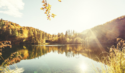 Canvas Print - lake in atumn forest, croatia, plitvice