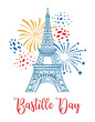 © Alexandra - Eiffel tower and fireworks. Bastille Day design template. Hand drawn vector sketch illustration