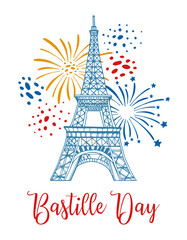 Eiffel tower and fireworks. Bastille Day design template. Hand drawn vector sketch illustration