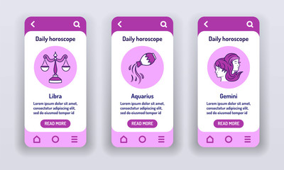 Daily horoscope on mobile app onboarding screens. Predictions and human character. Elements air. Banners for website on violet background and mobile kit development. UI UX GUI template.
