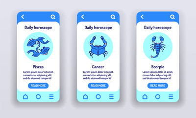 daily horoscope on mobile app onboarding screens. predictions and human character. elements water. b