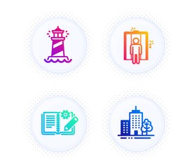 Poster - Engineering documentation, Elevator and Lighthouse icons simple set. Button with halftone dots. Skyscraper buildings sign. Manual, Lift, Searchlight tower. Town architecture. Industrial set. Vector